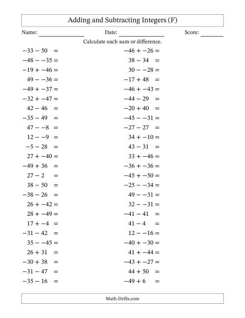 The Adding and Subtracting Mixed Integers from -50 to 50 (50 Questions; No Parentheses) (F) Math Worksheet