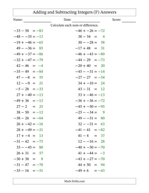 The Adding and Subtracting Mixed Integers from -50 to 50 (50 Questions; No Parentheses) (F) Math Worksheet Page 2