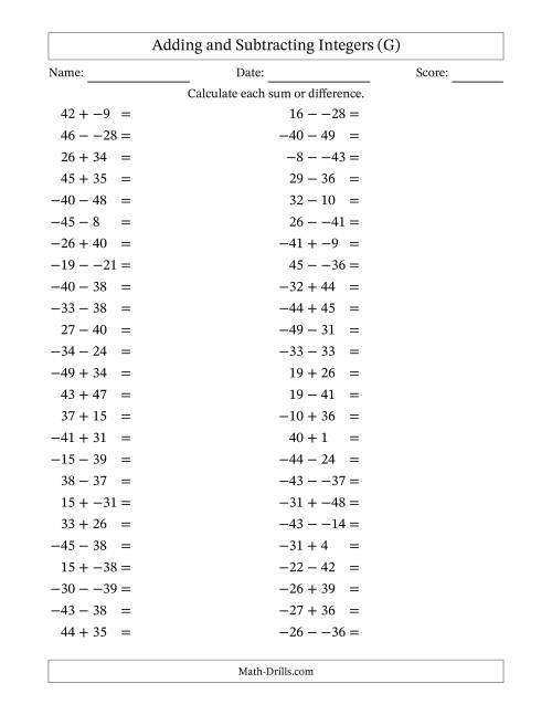 The Adding and Subtracting Mixed Integers from -50 to 50 (50 Questions; No Parentheses) (G) Math Worksheet