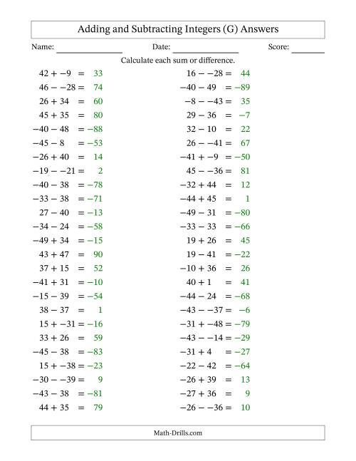 The Adding and Subtracting Mixed Integers from -50 to 50 (50 Questions; No Parentheses) (G) Math Worksheet Page 2