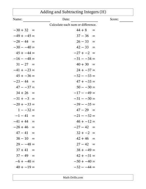The Adding and Subtracting Mixed Integers from -50 to 50 (50 Questions; No Parentheses) (H) Math Worksheet