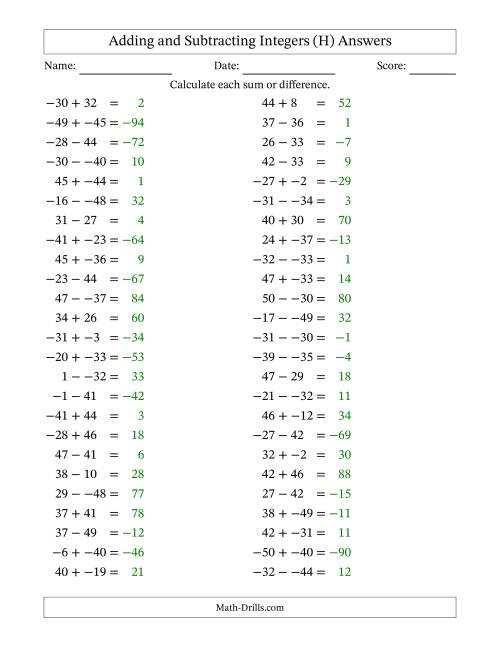 The Adding and Subtracting Mixed Integers from -50 to 50 (50 Questions; No Parentheses) (H) Math Worksheet Page 2