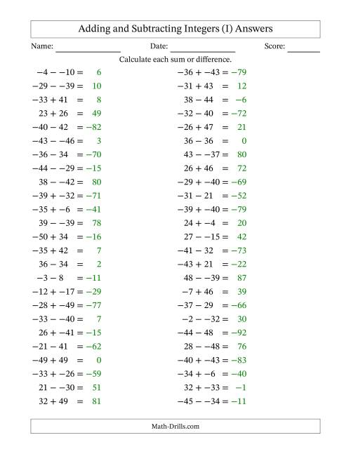 The Adding and Subtracting Mixed Integers from -50 to 50 (50 Questions; No Parentheses) (I) Math Worksheet Page 2