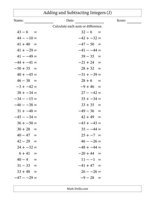 The Adding and Subtracting Mixed Integers from -50 to 50 (50 Questions; No Parentheses) (J) Math Worksheet