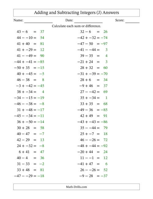 The Adding and Subtracting Mixed Integers from -50 to 50 (50 Questions; No Parentheses) (J) Math Worksheet Page 2