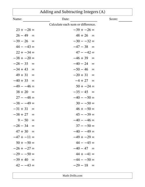 The Adding and Subtracting Mixed Integers from -50 to 50 (50 Questions; No Parentheses) (All) Math Worksheet