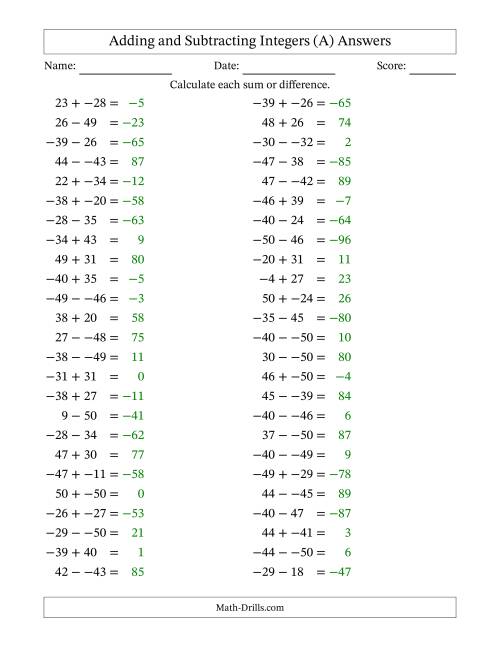 The Adding and Subtracting Mixed Integers from -50 to 50 (50 Questions; No Parentheses) (All) Math Worksheet Page 2