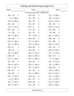 Adding and Subtracting Mixed Integers from -50 to 50 (75 Questions)