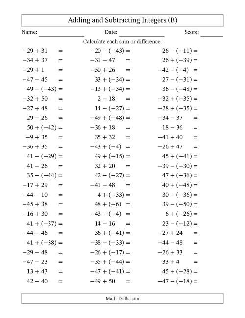 The Adding and Subtracting Mixed Integers from -50 to 50 (75 Questions) (B) Math Worksheet
