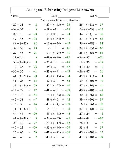 The Adding and Subtracting Mixed Integers from -50 to 50 (75 Questions) (B) Math Worksheet Page 2