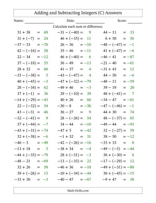 The Adding and Subtracting Mixed Integers from -50 to 50 (75 Questions) (C) Math Worksheet Page 2