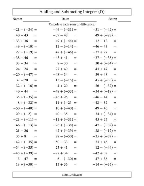 The Adding and Subtracting Mixed Integers from -50 to 50 (75 Questions) (D) Math Worksheet