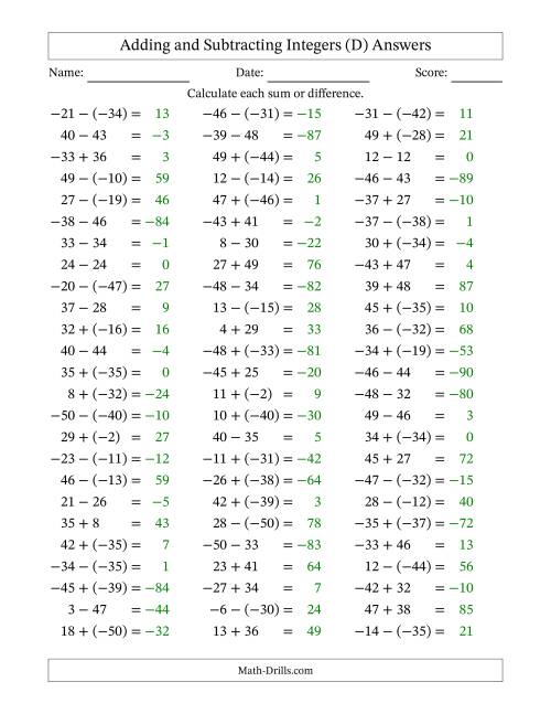 The Adding and Subtracting Mixed Integers from -50 to 50 (75 Questions) (D) Math Worksheet Page 2