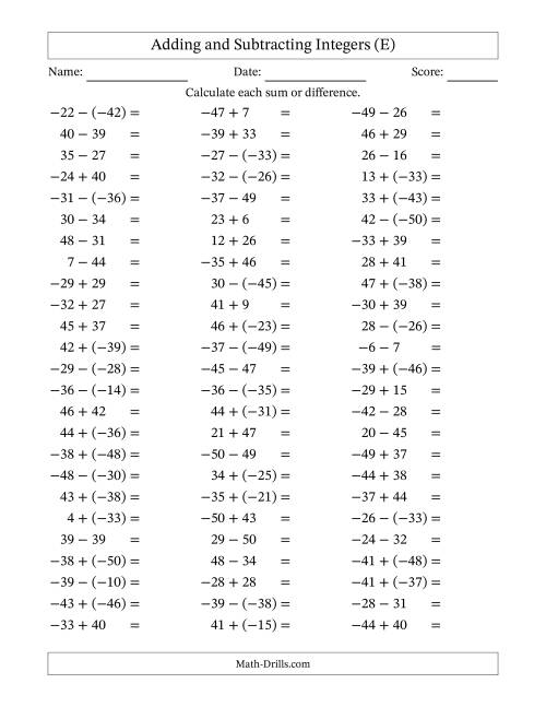 The Adding and Subtracting Mixed Integers from -50 to 50 (75 Questions) (E) Math Worksheet