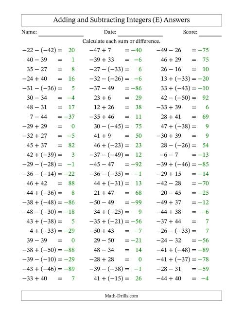The Adding and Subtracting Mixed Integers from -50 to 50 (75 Questions) (E) Math Worksheet Page 2