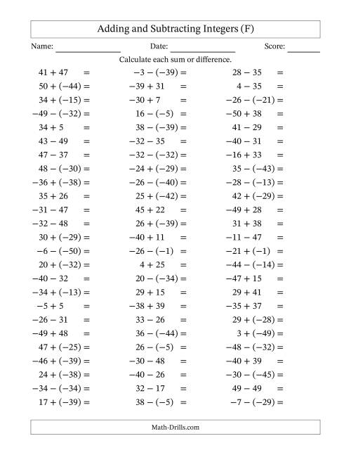 The Adding and Subtracting Mixed Integers from -50 to 50 (75 Questions) (F) Math Worksheet