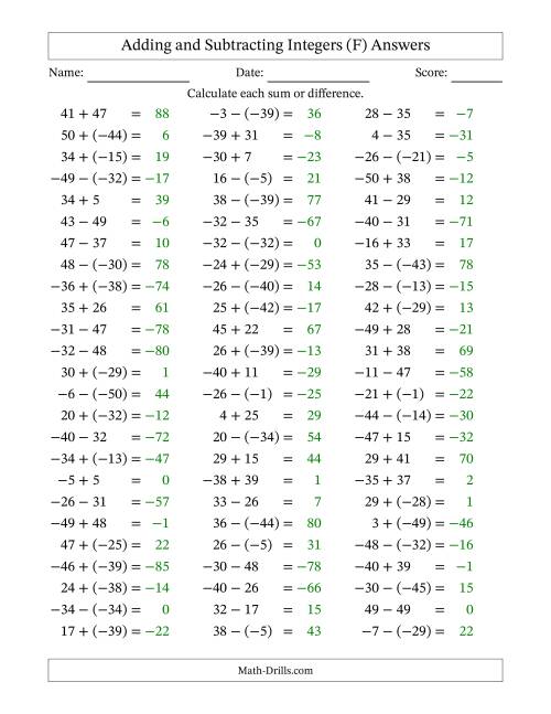 The Adding and Subtracting Mixed Integers from -50 to 50 (75 Questions) (F) Math Worksheet Page 2
