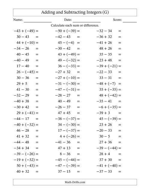 The Adding and Subtracting Mixed Integers from -50 to 50 (75 Questions) (G) Math Worksheet