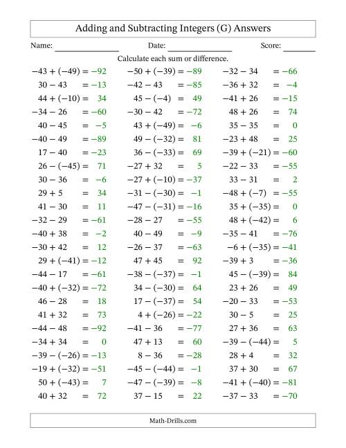 The Adding and Subtracting Mixed Integers from -50 to 50 (75 Questions) (G) Math Worksheet Page 2