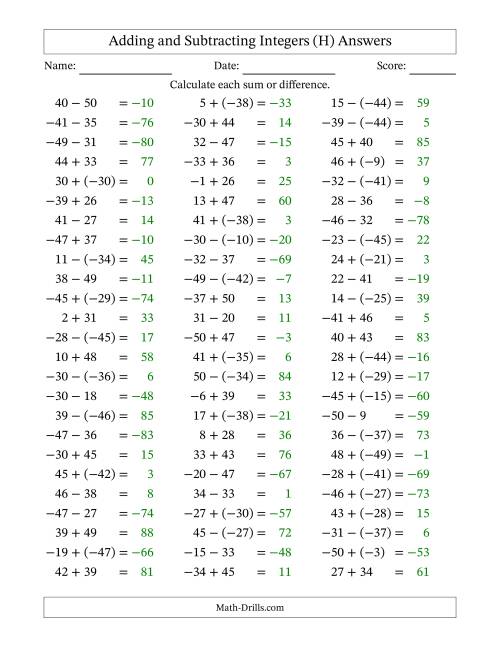 The Adding and Subtracting Mixed Integers from -50 to 50 (75 Questions) (H) Math Worksheet Page 2