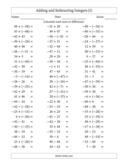The Adding and Subtracting Mixed Integers from -50 to 50 (75 Questions) (I) Math Worksheet