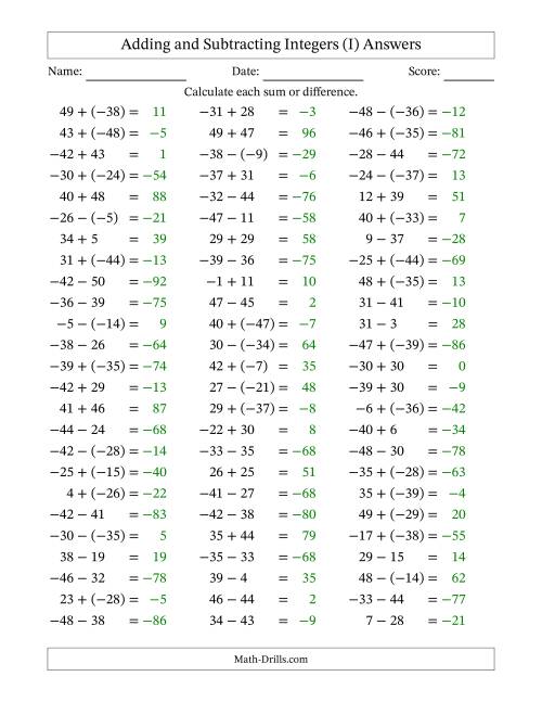 The Adding and Subtracting Mixed Integers from -50 to 50 (75 Questions) (I) Math Worksheet Page 2