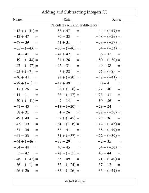The Adding and Subtracting Mixed Integers from -50 to 50 (75 Questions) (J) Math Worksheet