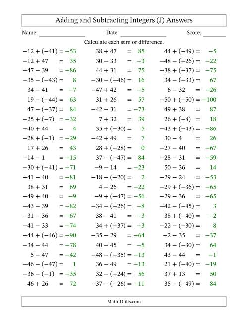 The Adding and Subtracting Mixed Integers from -50 to 50 (75 Questions) (J) Math Worksheet Page 2