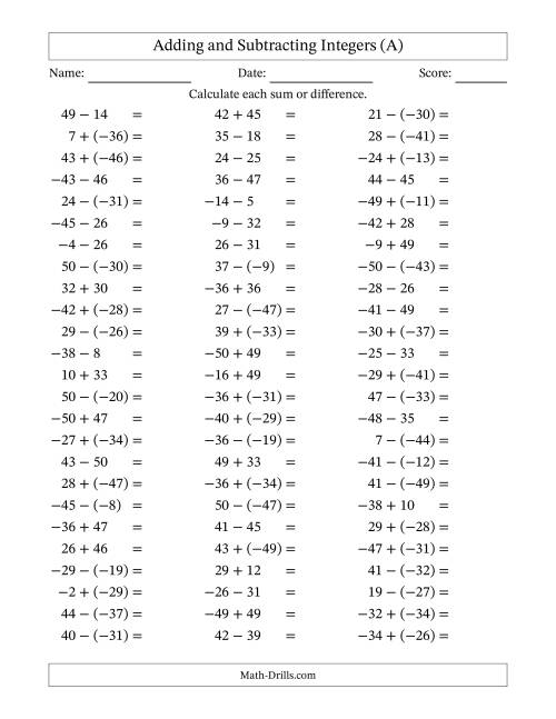 The Adding and Subtracting Mixed Integers from -50 to 50 (75 Questions) (All) Math Worksheet