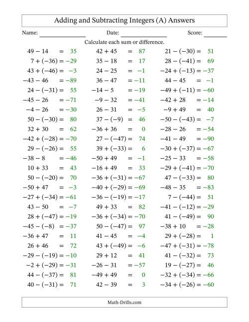 The Adding and Subtracting Mixed Integers from -50 to 50 (75 Questions) (All) Math Worksheet Page 2