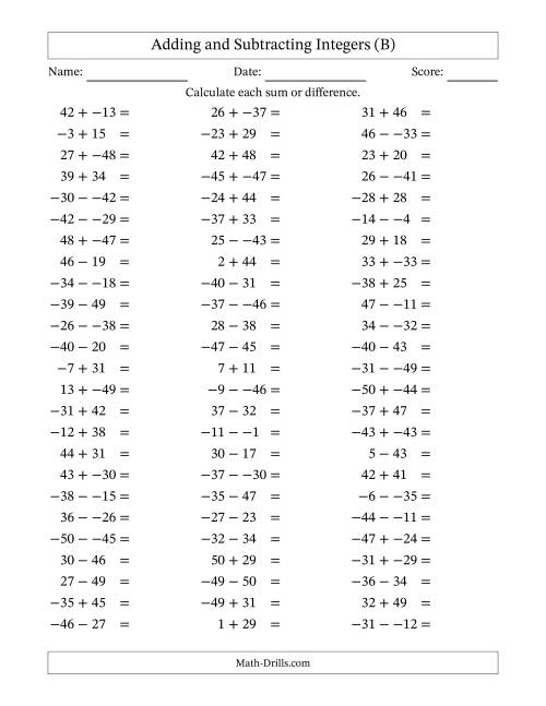 The Adding and Subtracting Mixed Integers from -50 to 50 (75 Questions; No Parentheses) (B) Math Worksheet