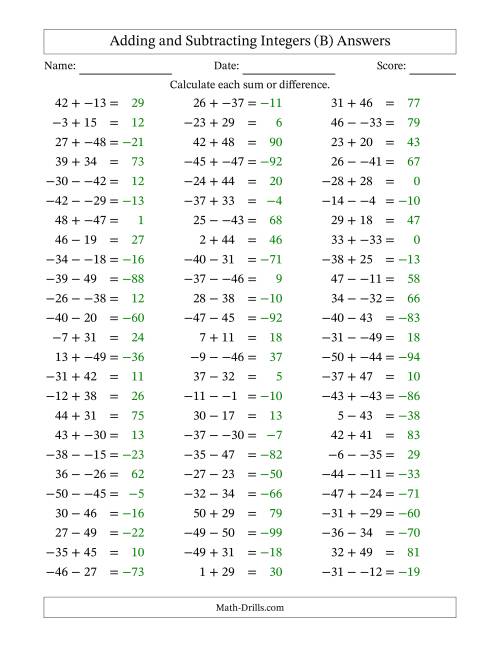 The Adding and Subtracting Mixed Integers from -50 to 50 (75 Questions; No Parentheses) (B) Math Worksheet Page 2