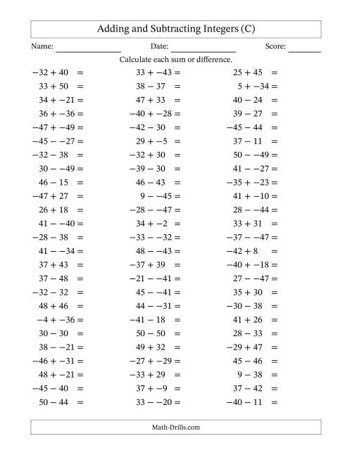 The Adding and Subtracting Mixed Integers from -50 to 50 (75 Questions; No Parentheses) (C) Math Worksheet