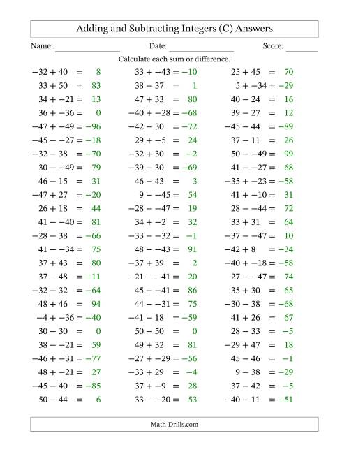 The Adding and Subtracting Mixed Integers from -50 to 50 (75 Questions; No Parentheses) (C) Math Worksheet Page 2