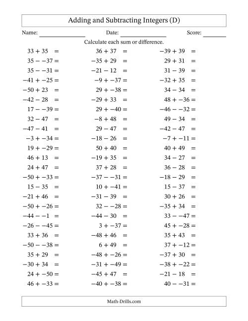 The Adding and Subtracting Mixed Integers from -50 to 50 (75 Questions; No Parentheses) (D) Math Worksheet