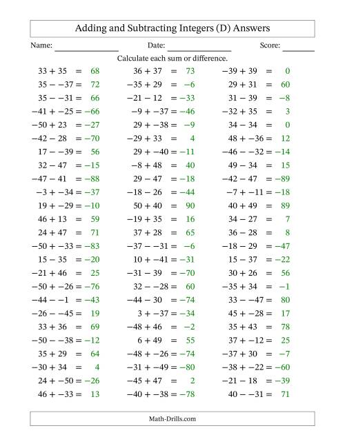 The Adding and Subtracting Mixed Integers from -50 to 50 (75 Questions; No Parentheses) (D) Math Worksheet Page 2