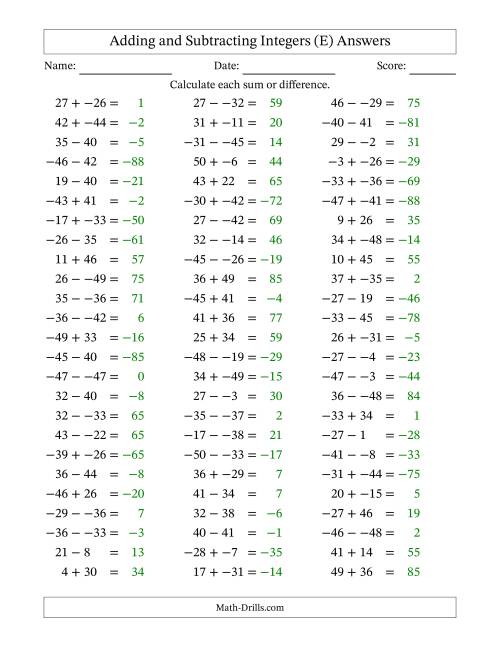 The Adding and Subtracting Mixed Integers from -50 to 50 (75 Questions; No Parentheses) (E) Math Worksheet Page 2