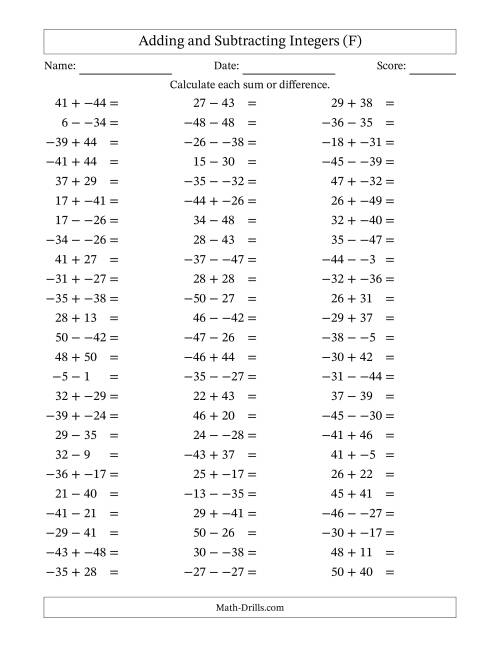 The Adding and Subtracting Mixed Integers from -50 to 50 (75 Questions; No Parentheses) (F) Math Worksheet