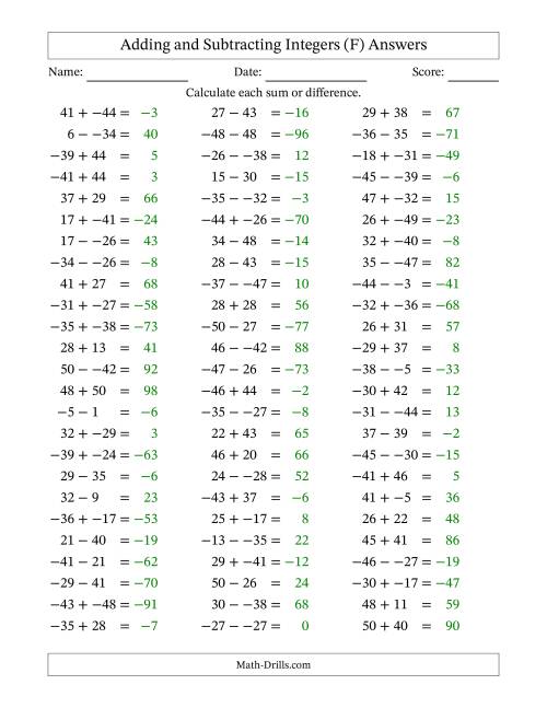 The Adding and Subtracting Mixed Integers from -50 to 50 (75 Questions; No Parentheses) (F) Math Worksheet Page 2