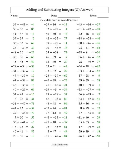 The Adding and Subtracting Mixed Integers from -50 to 50 (75 Questions; No Parentheses) (G) Math Worksheet Page 2