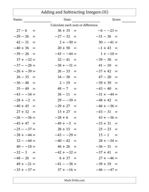 The Adding and Subtracting Mixed Integers from -50 to 50 (75 Questions; No Parentheses) (H) Math Worksheet