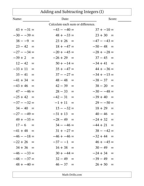 The Adding and Subtracting Mixed Integers from -50 to 50 (75 Questions; No Parentheses) (I) Math Worksheet
