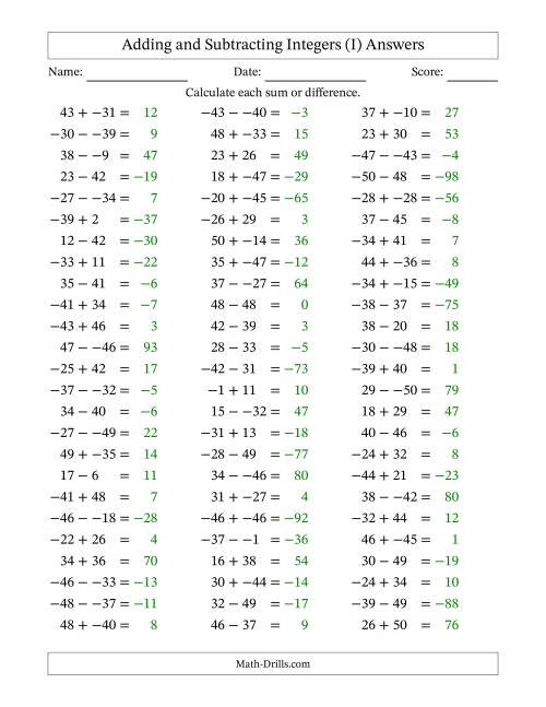 The Adding and Subtracting Mixed Integers from -50 to 50 (75 Questions; No Parentheses) (I) Math Worksheet Page 2