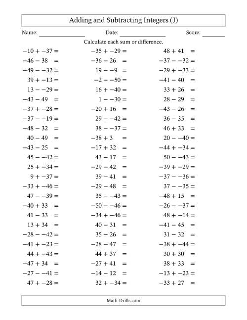 The Adding and Subtracting Mixed Integers from -50 to 50 (75 Questions; No Parentheses) (J) Math Worksheet