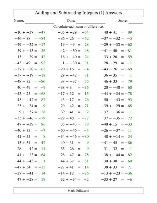The Adding and Subtracting Mixed Integers from -50 to 50 (75 Questions; No Parentheses) (J) Math Worksheet Page 2