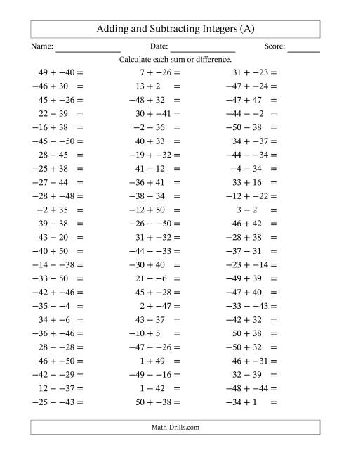 The Adding and Subtracting Mixed Integers from -50 to 50 (75 Questions; No Parentheses) (All) Math Worksheet