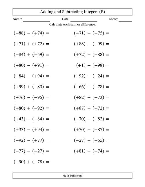 The Adding and Subtracting Mixed Integers from -99 to 99 (25 Questions; Large Print; All Parentheses) (B) Math Worksheet
