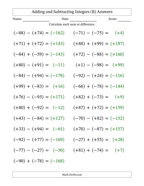 The Adding and Subtracting Mixed Integers from -99 to 99 (25 Questions; Large Print; All Parentheses) (B) Math Worksheet Page 2