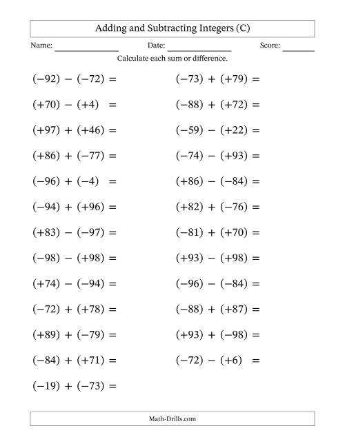 The Adding and Subtracting Mixed Integers from -99 to 99 (25 Questions; Large Print; All Parentheses) (C) Math Worksheet