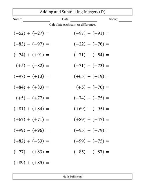 The Adding and Subtracting Mixed Integers from -99 to 99 (25 Questions; Large Print; All Parentheses) (D) Math Worksheet